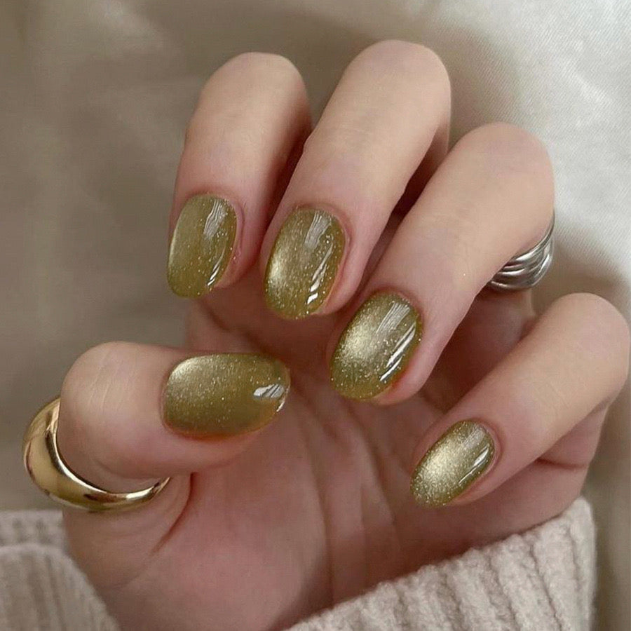 Glittering Elegance Medium-Length Oval Olive Green Sparkle Press-On Nail Set for Instant Manicure