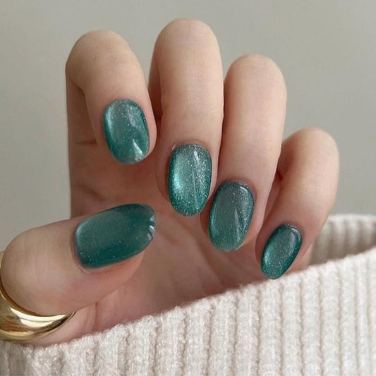 Enchanted Ocean Medium Oval Teal Glitter Press On Nail Set