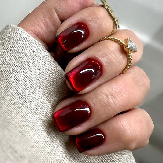 Glamorous Evening Medium Square Deep Red Press On Nail Set with Shimmer Finish