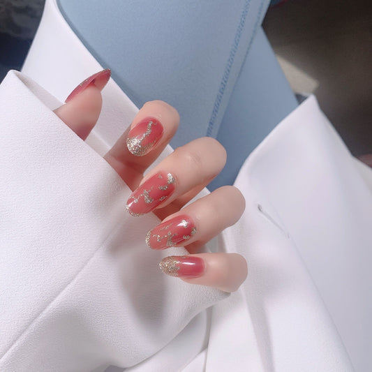 Gold Repairs Long Oval Pink Glitter Press On Nails