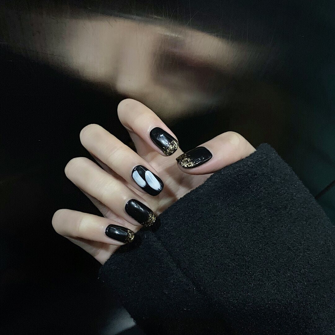 Gold Funeral Long Square Black Bold Press On Nails