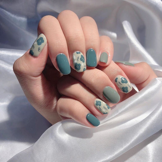 Good Manners Long Oval Blue Cartoon Press On Nails