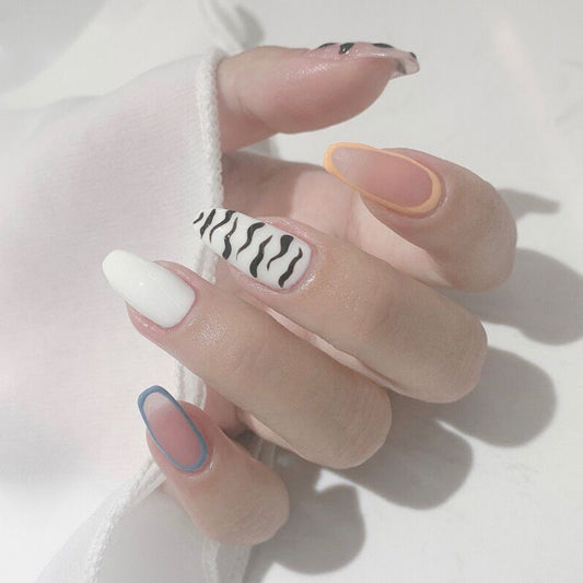 Sonic Attack Long Oval White Pattern Press On Nails