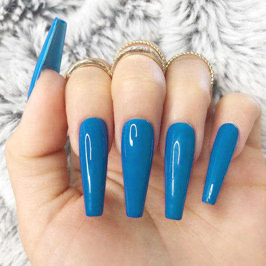 Warmed Up Long Coffin Blue Bold Press On Nails
