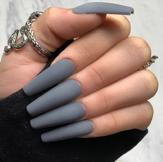 So Cold Long Coffin Gray Matte Press On Nails