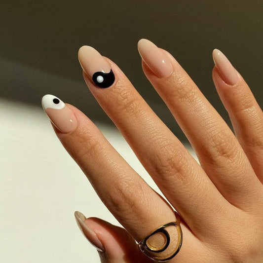 Yin and Yang Short Oval Beige Astrology Press On Nails
