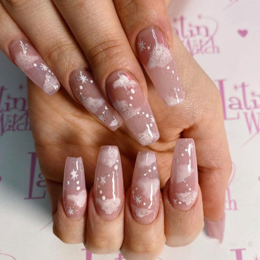 Twinkle Jelly Clouds Long Coffin Beige Winter Press On Nails