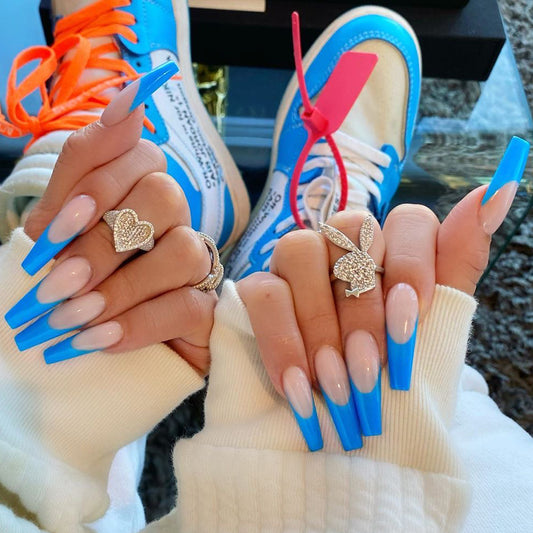 Drop.A Like Long Coffin Blue French Tips Press On Nails