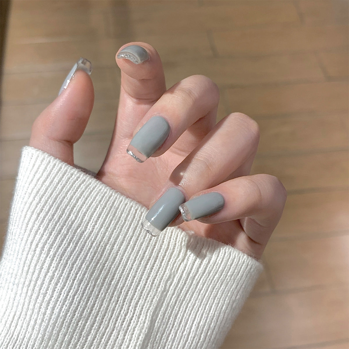 Good Evening Long Square Gray French Tips Press On Nails