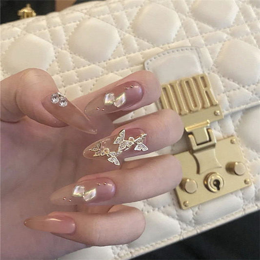 Beautifully Painted Long Oval Gold Cute Press On Nails