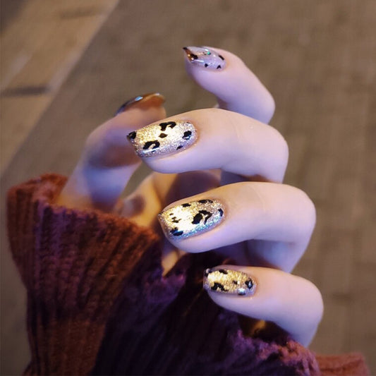 Little Feline Short Square Gold Leopard Press On Nails