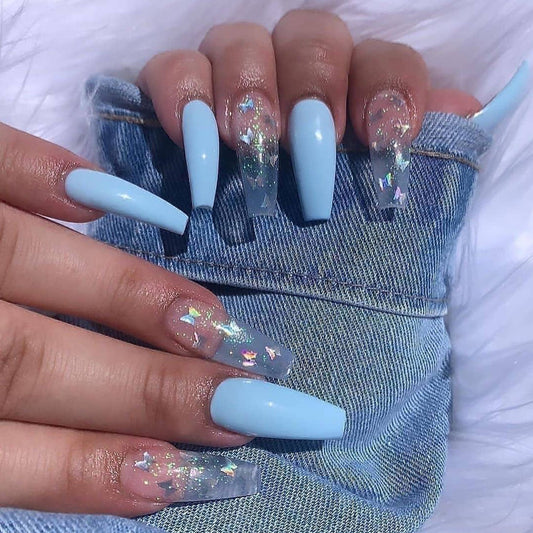 Butterfly Pro Long Coffin Blue Cute Press On Nails