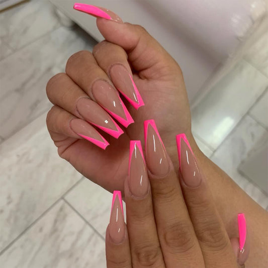Tips and Tricks Long Coffin Pink French Tips Press On Nails