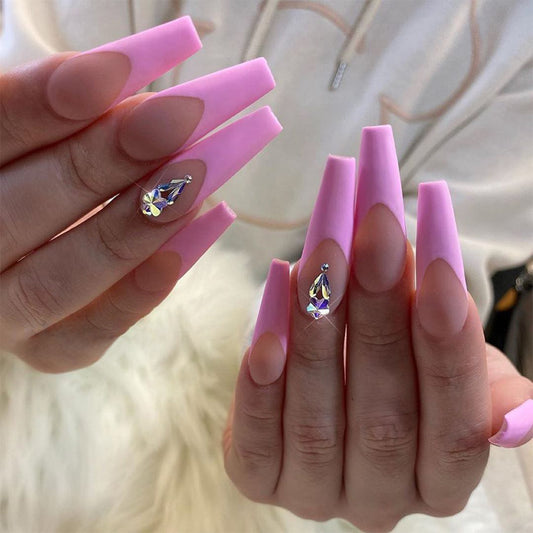 Linked Below Long Coffin Pink Studded Press On Nails