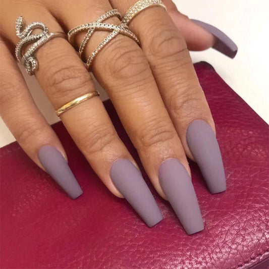 Early Mornings Long Coffin Purple Matte Press On Nails