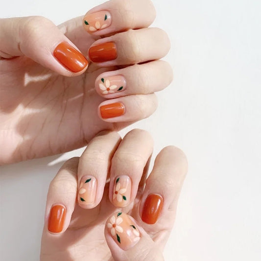 Tiger Flower Short Oval Orange Floral Press On Nails