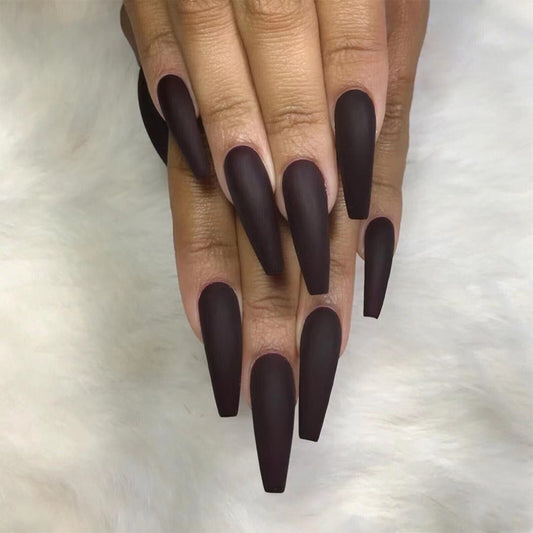 Abandoned Fortress Long Coffin Brown Matte Press On Nails