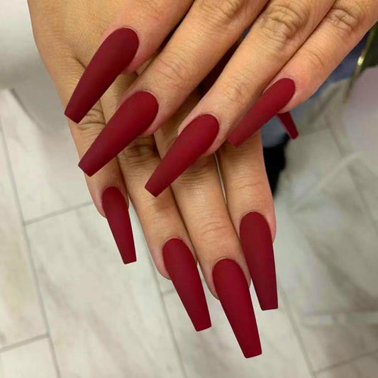 Come Close Long Coffin Red Matte Press On Nails