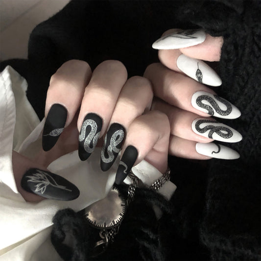 Medusa Lady Long Oval Black Astrology Press On Nails
