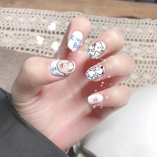 Good Grief Short Oval White Cartoon Fake Nails