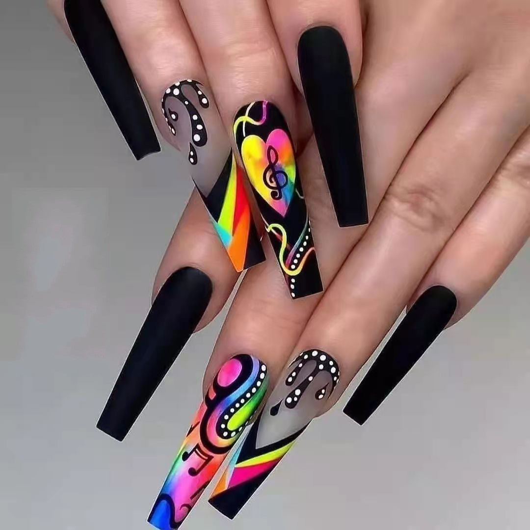 Music Festival Inspired Extra Long Coffin Press On Nail Set in Black with Rainbow Swirls and Music Notes Detail