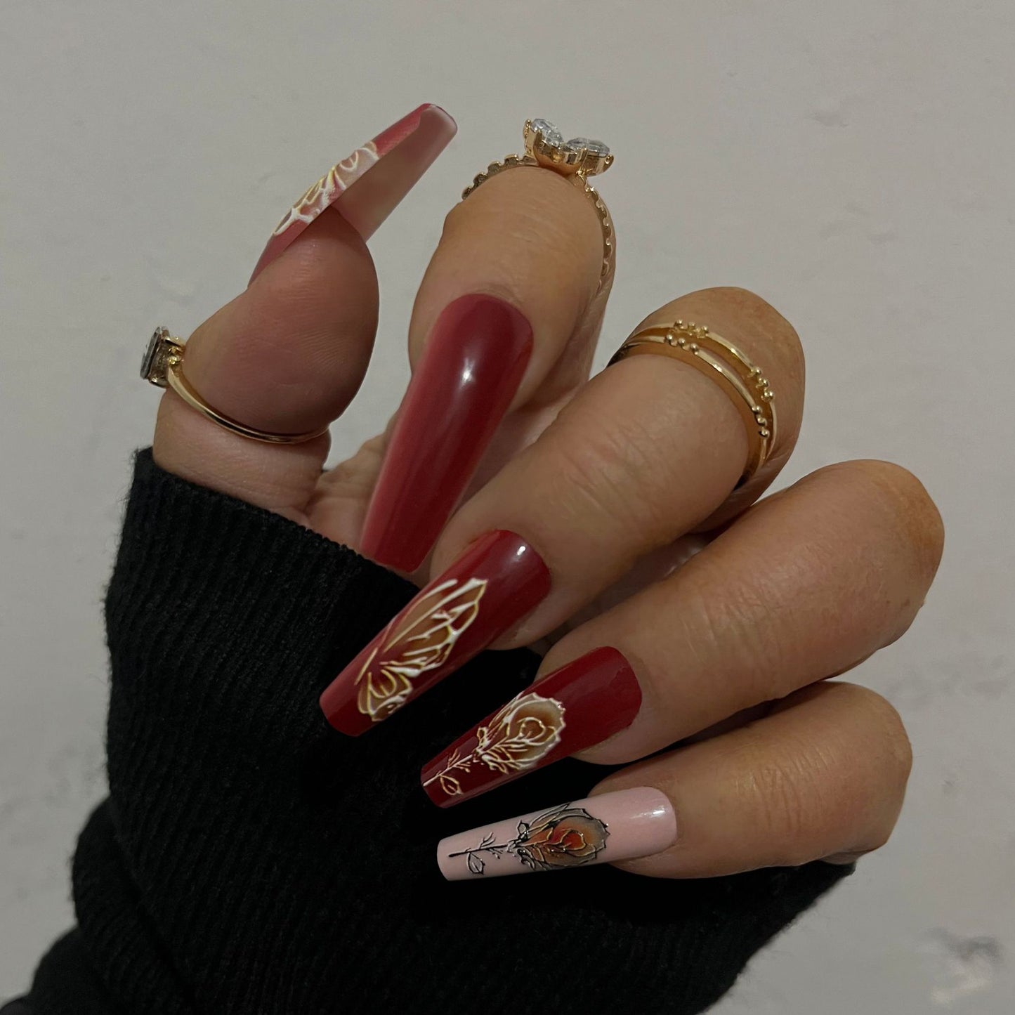 Elegant Floral Fantasy Long Coffin Burgundy and Beige Press On Nail Set with Gold Accents and Rose Artwork