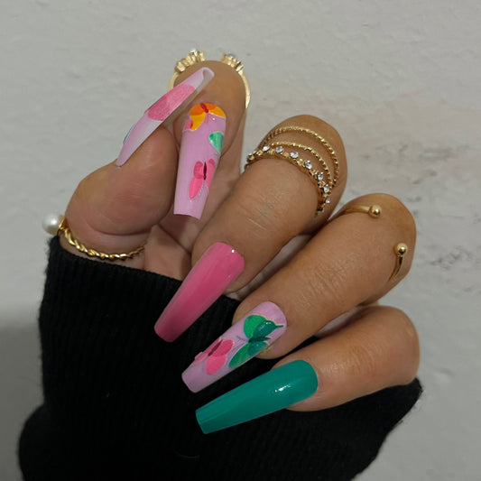 Spring Blossom Extra Long Coffin Press On Nail Set in Pastel Pink and Emerald Green with Hand-Painted Floral Accents