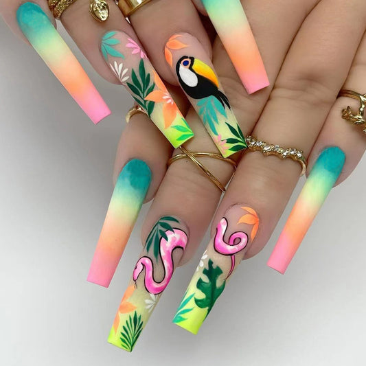 Tropical Journey Long Coffin Multicolor Bold Press On Nails