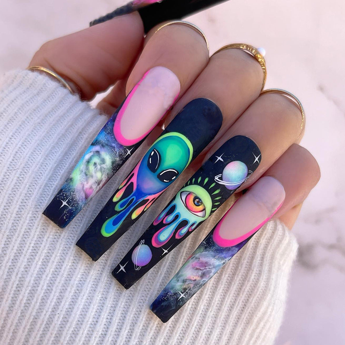 Alien Baby Long Coffin Multicolor Bold Press On Nails