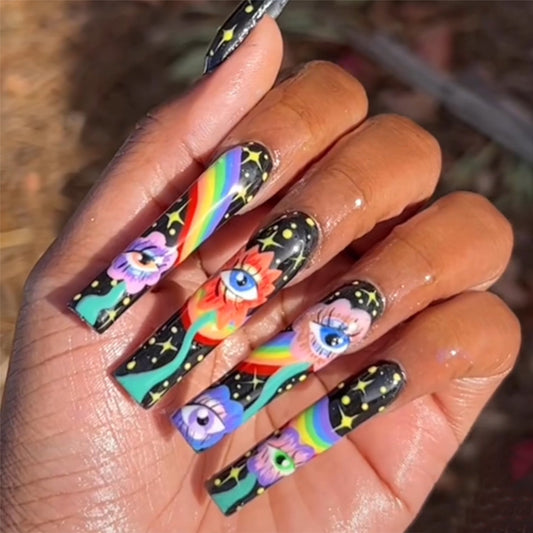 Mystic Gaze Extra Long Square Multicolor Press On Nail Set with Eye-Catching Designs