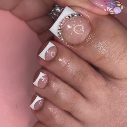 Lucky Studded White Press On Toenails