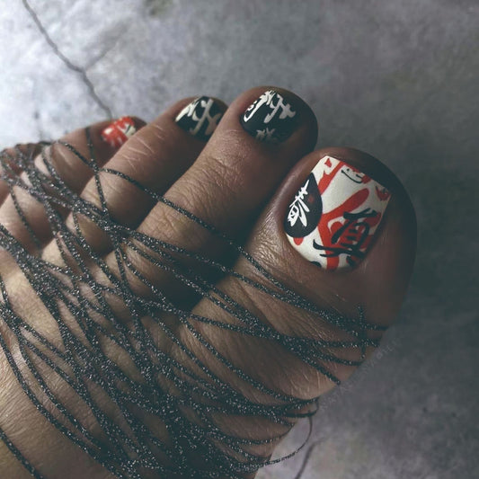 Oriental Charm Short Square Black and Red Press-On Toenail Set with Asian Calligraphy Design