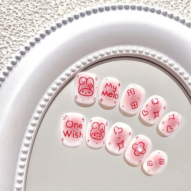 Kids One Wish For You Short Squoval Red Cartoon Press On Nails