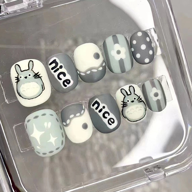 Kids Nice Sweet Short Squoval Gray Cartoon Press On Nails