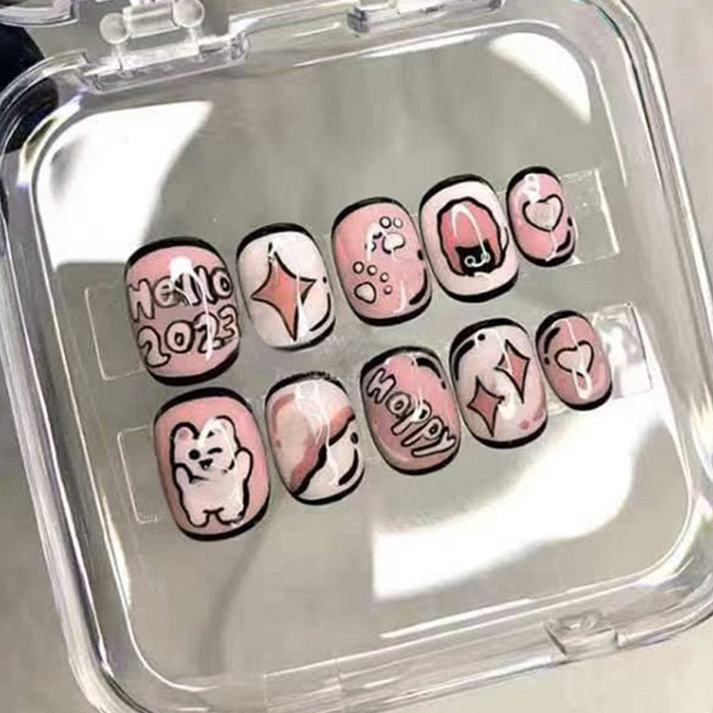 Hello Happy Short Squoval Pink Cartoon Press On Nails
