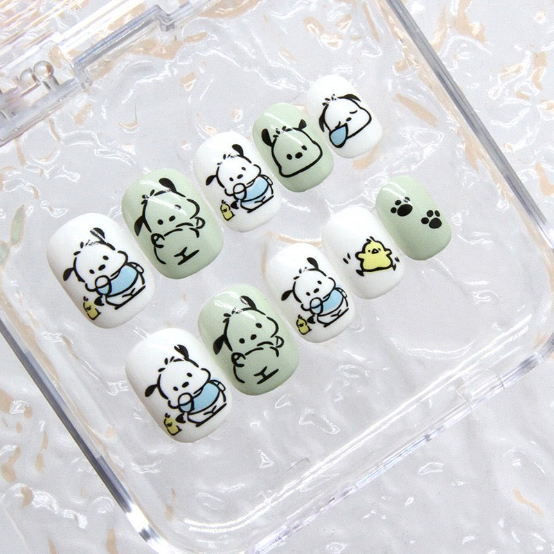 Pacheco Puppy Short Squoval White Cartoon Press On Nails