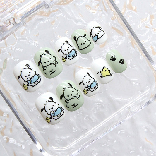 Pacheco Puppy Short Squoval White Cartoon Press On Nails