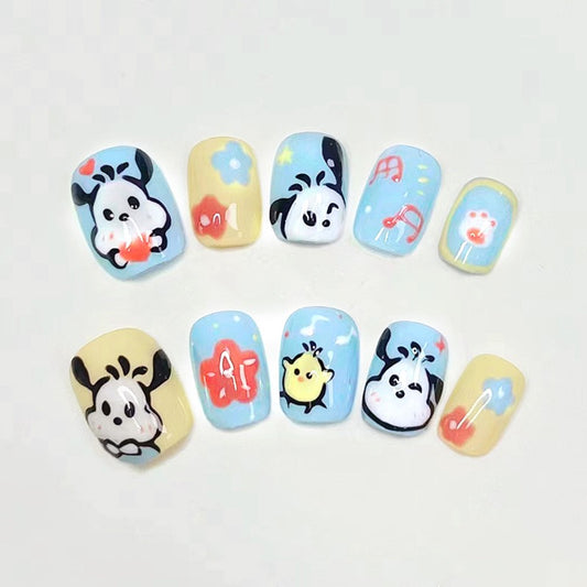 Pacheco And Chick Short Squoval Yellow Cartoon Press On Nails