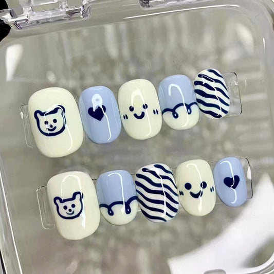 A Casual Sunday Short Squoval White Cartoon Press On Nails