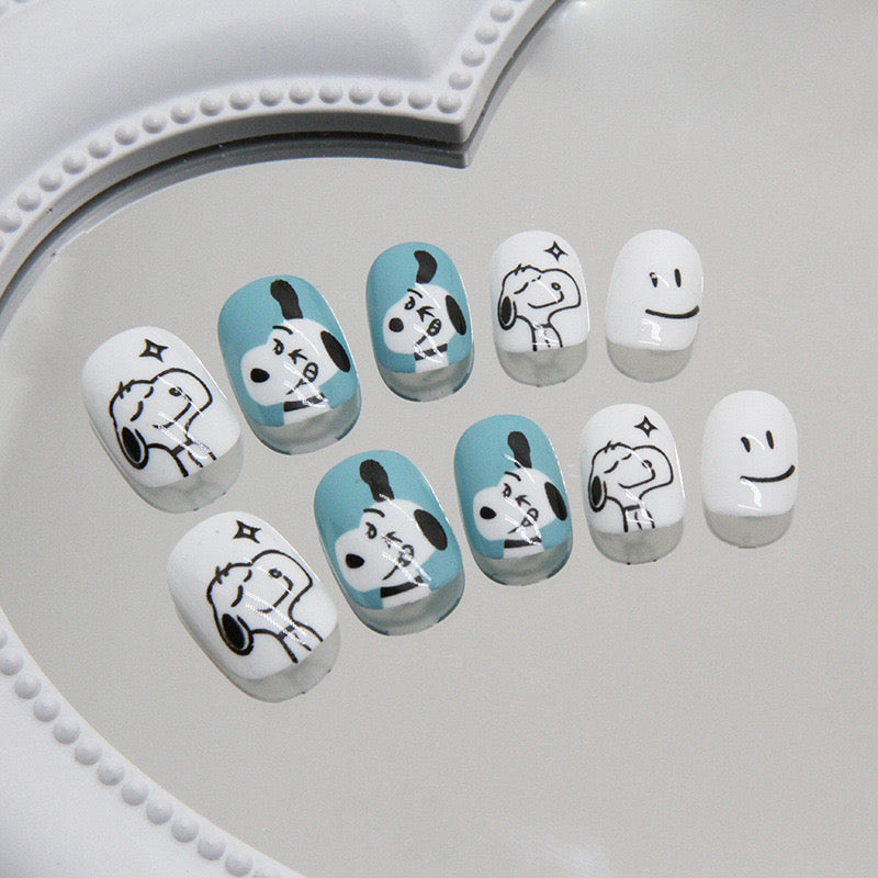 Kid's Cartoon Canine Fun Short Round Sky Blue Press On Nails With Puppy And Smiley Face Design