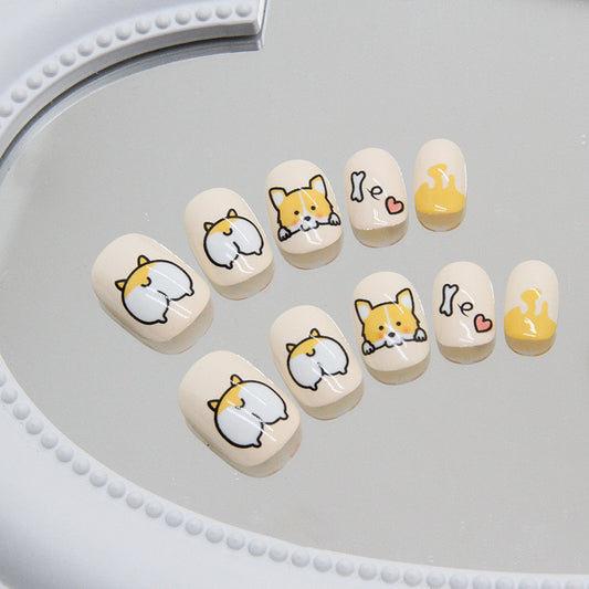 Playful Paws Short Squoval Cream Press-On Nail Set with Corgi Illustrations and Paw Print Accents