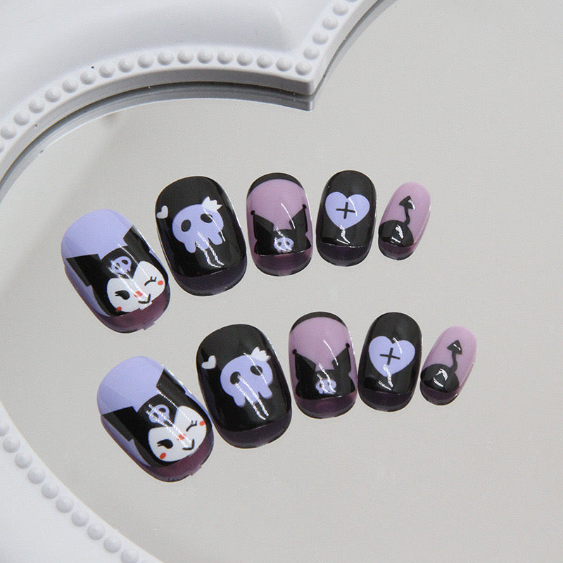Spooky Chic Medium Squoval Dual Toned Black And Lavender Press On Nails With Ghostly Accents