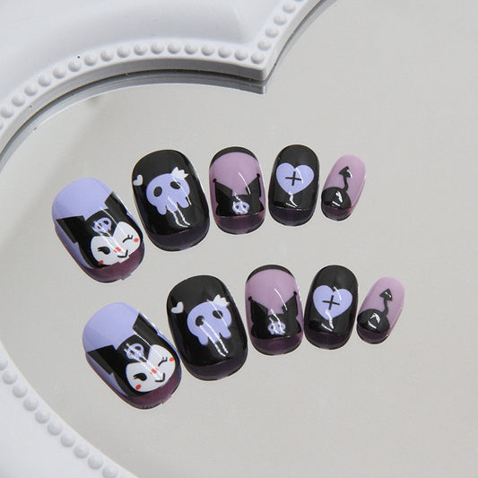 Spooky Chic Medium Squoval Dual Toned Black And Lavender Press On Nails With Ghostly Accents