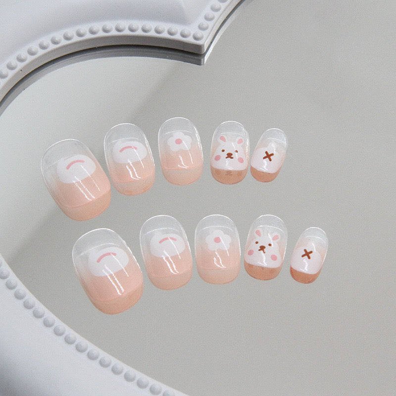 Whimsical Play Medium Squoval Peach Press-On Nails with Adorable Bear Art