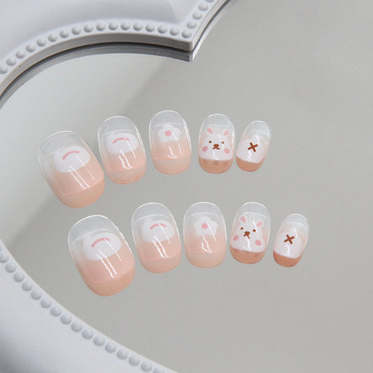 Whimsical Play Medium Squoval Peach Press-On Nails with Adorable Bear Art