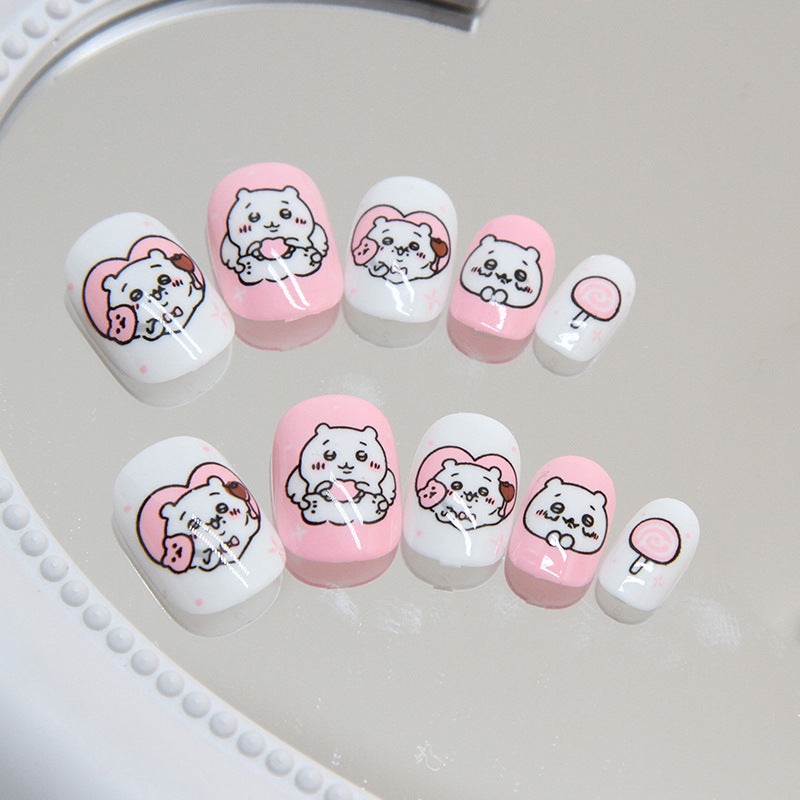 Puppy Love Medium Length Round Pink Press On Nails With Adorable Dog Illustrations