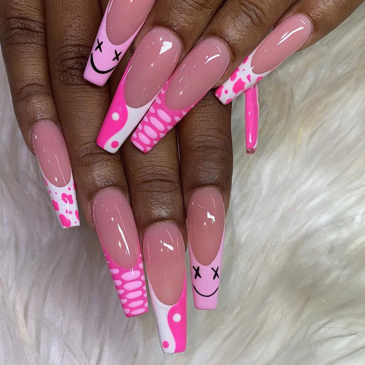 Yin Yang Leopard Long Coffin Pink Astrology Press On Nails