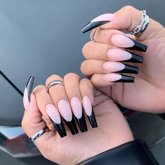 Free Travel Long Coffin Black Everyday Press On Nails