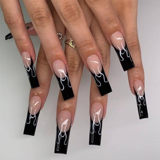 Let People Know Long Square Black Flames Press On Nails
