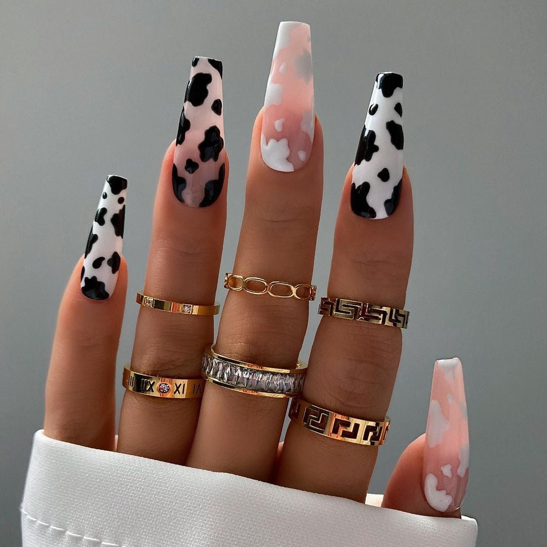 Cow-abunga Long Coffin Beige Animal Pattern Press On Nails